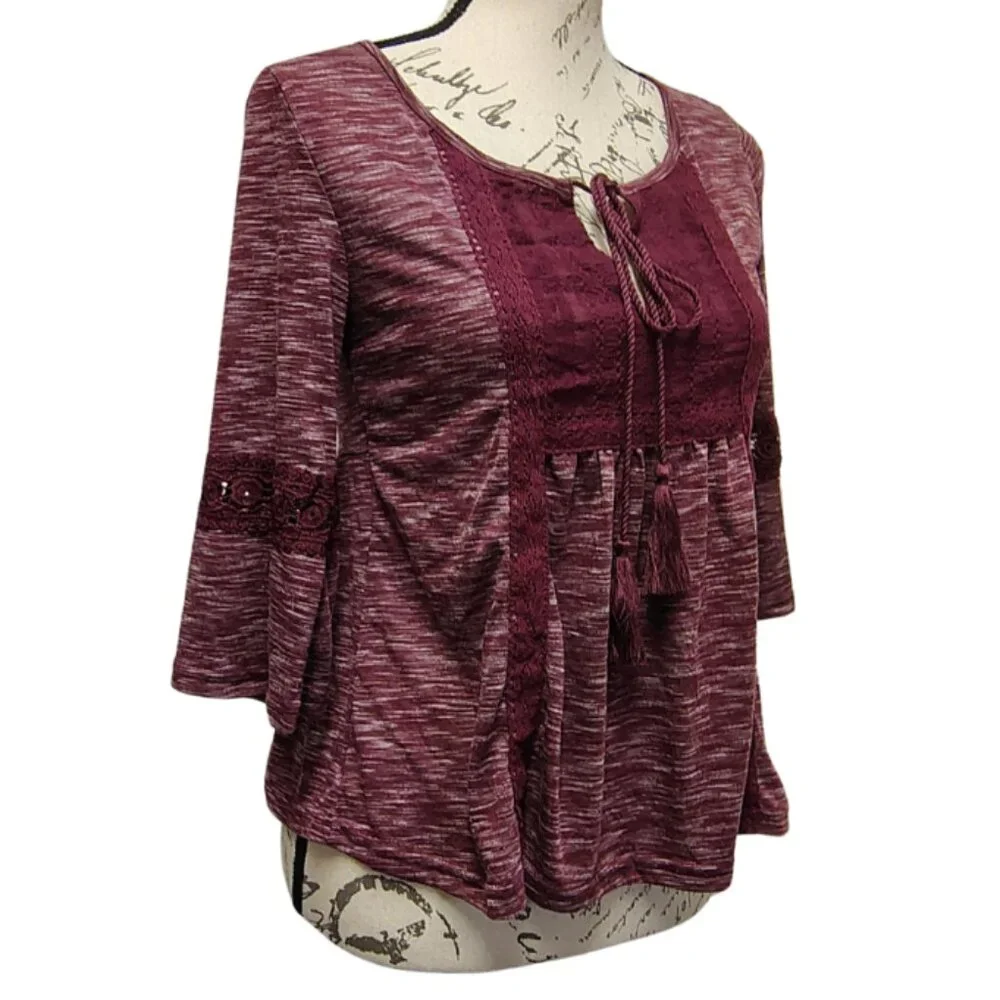 Womens Burgundy Embroidered Peasant Top‎ M Crochet 3/4 Flare Sleeve Boho Fall